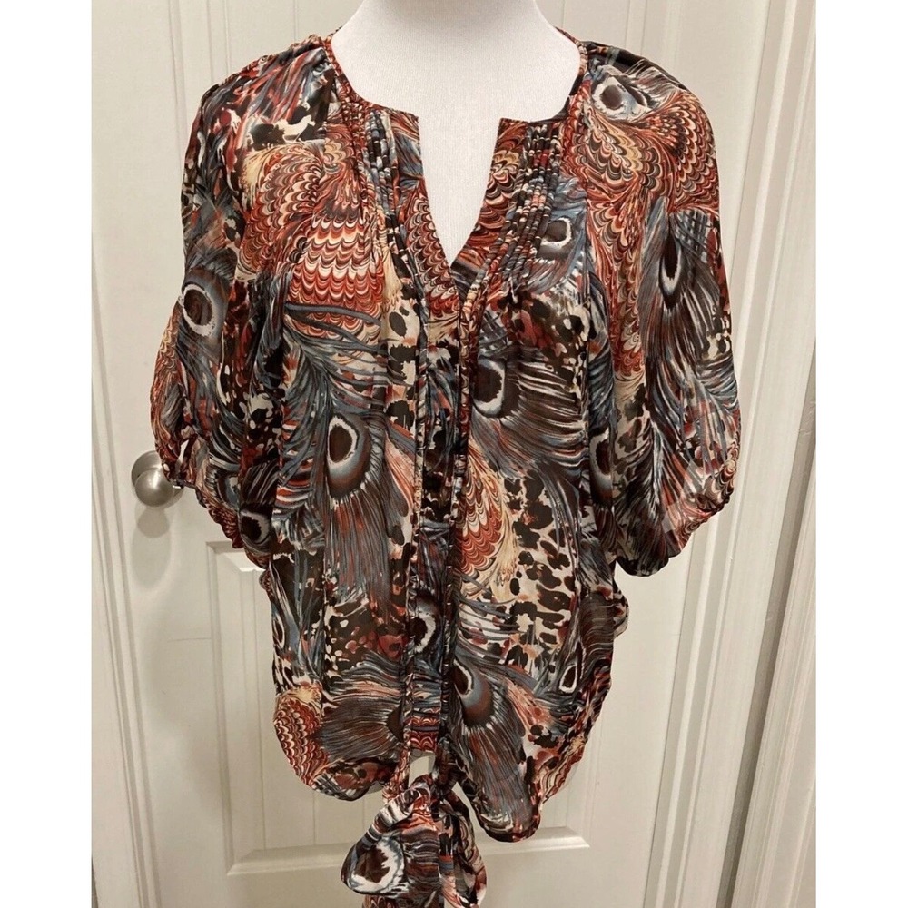 JEANS by Buffalo Peacock‎ Feather Print Blouse Top Tie Front Sheer Wiz Large